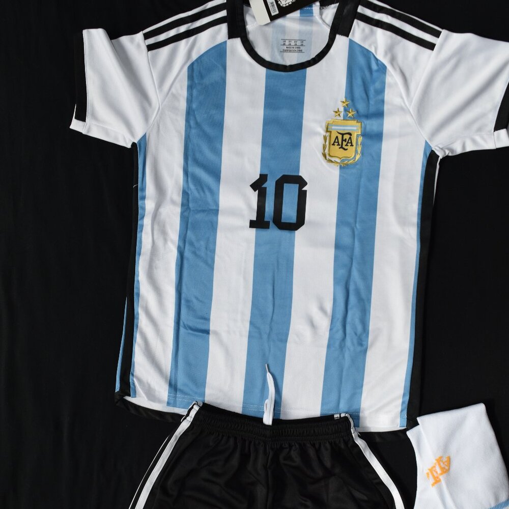 NEW Set Argentina Messi 10: Jersey, Short, Socks World Cup 22/3 Stars 8-9 yr old